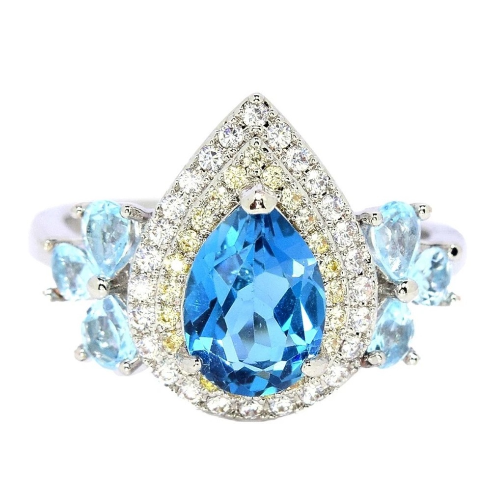 Elegant Genuine London Blue Topaz Teardrop w/ topaz & Zircon Ring Sz 9.25